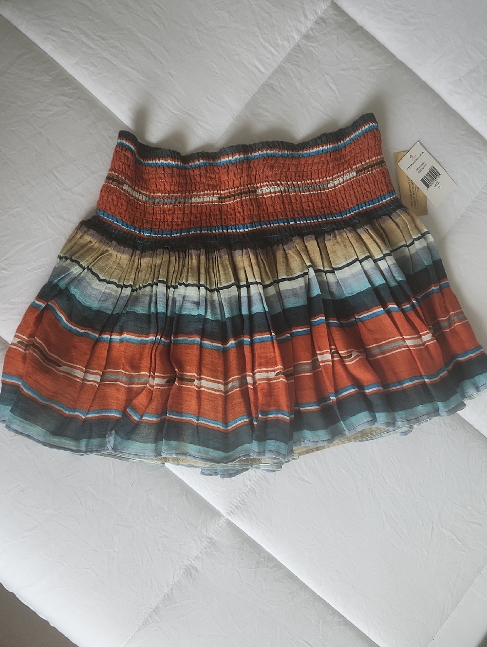 Denim & Supply Ralph Lauren Striped Smocked Mini Skirt in Rust, Teal, and Cream